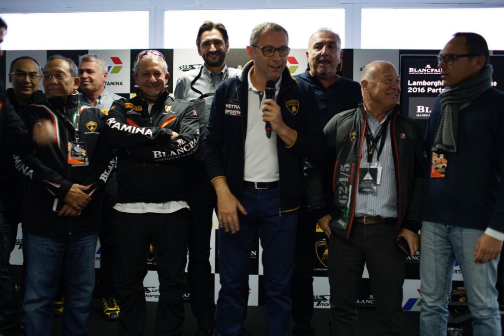 The final podium with Stefano Domenicali, Egidio Reali and all the other main sponsors of Blancpain Lamborghini Super Trofeo 2016.